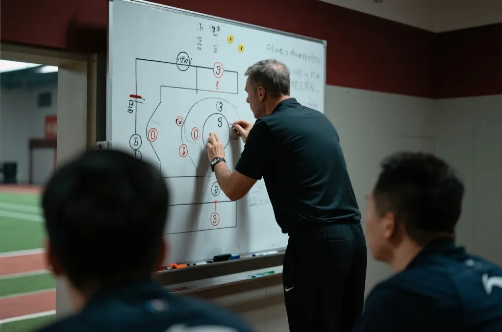 教练在赛前布置战术的场景